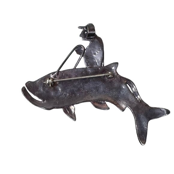 Figural Sterling Silver Turtle Riding Fish Rider Brooch Pendant Green Blue Eyes - Picture 2 of 7